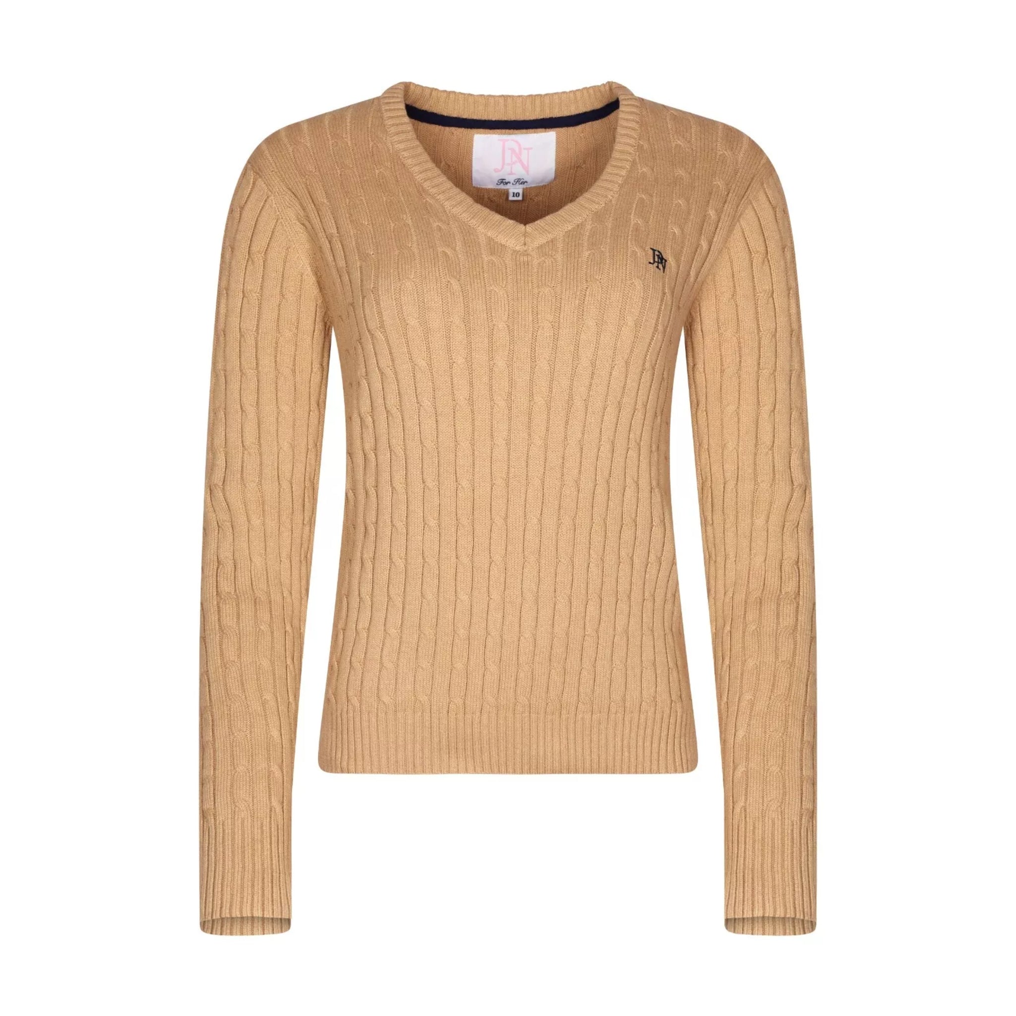 Ladies JDN beige V-neck cable knit jumper with long sleeves and embroidered chest logo